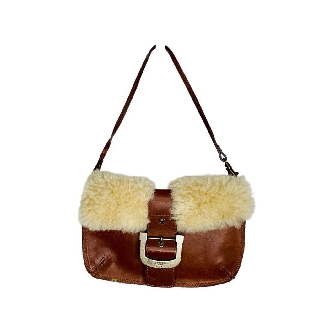 UGG Australia Leather Shoulder Bag Sherpa Lined Purse Cognac‎ Brown Buckle